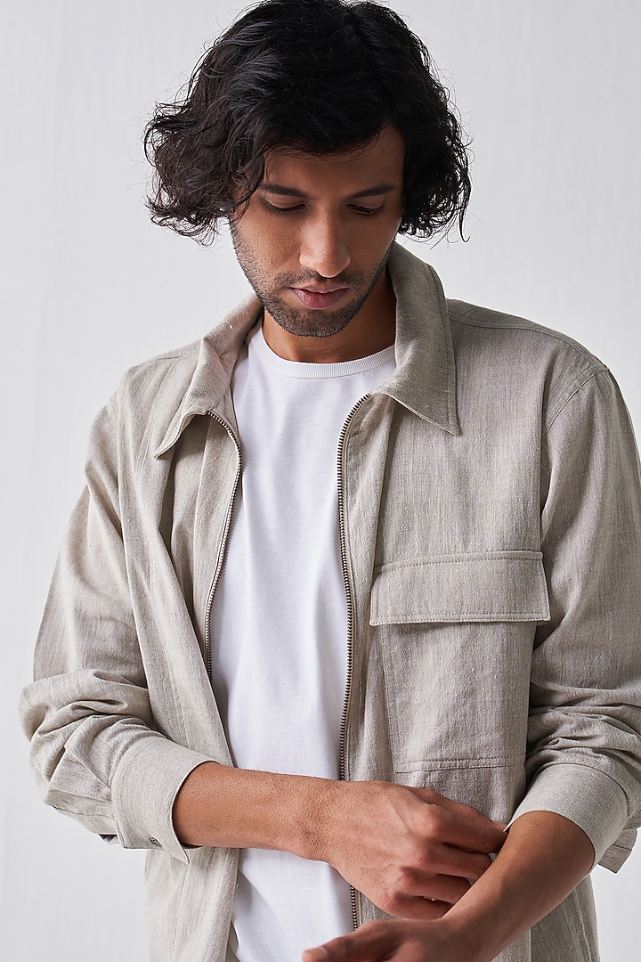 Beige Handloom Cotton Pant Set by Three Men at Pernia's Pop Up Shop