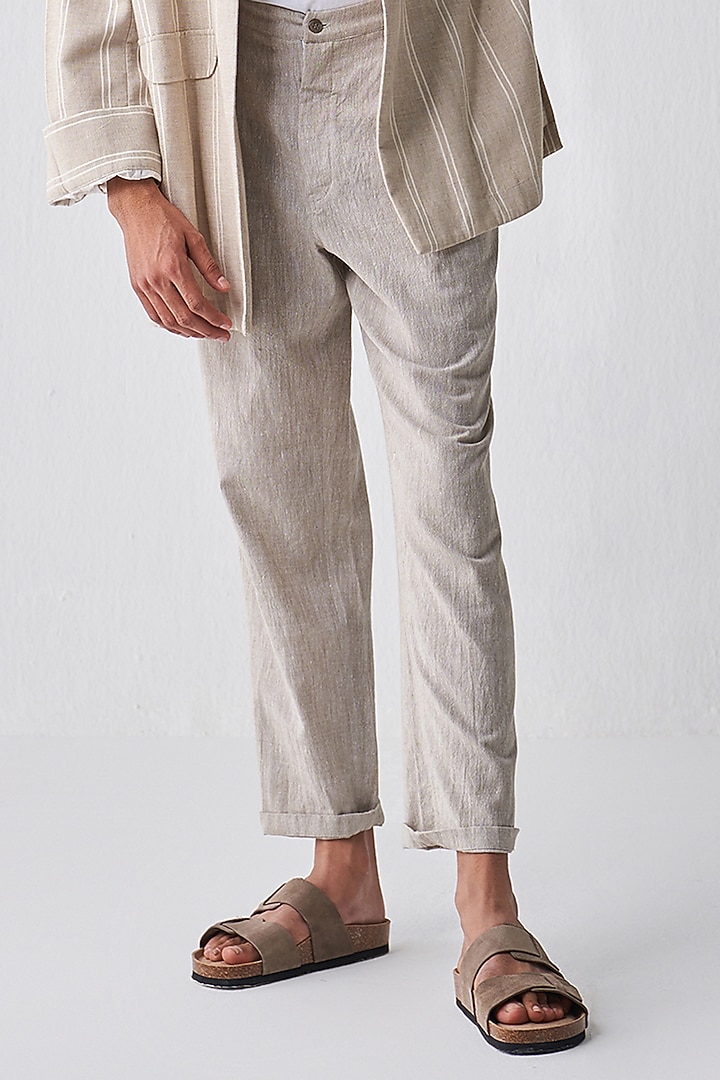 Beige Handloom Cotton Jacket Set by Three Men at Pernia's Pop Up Shop