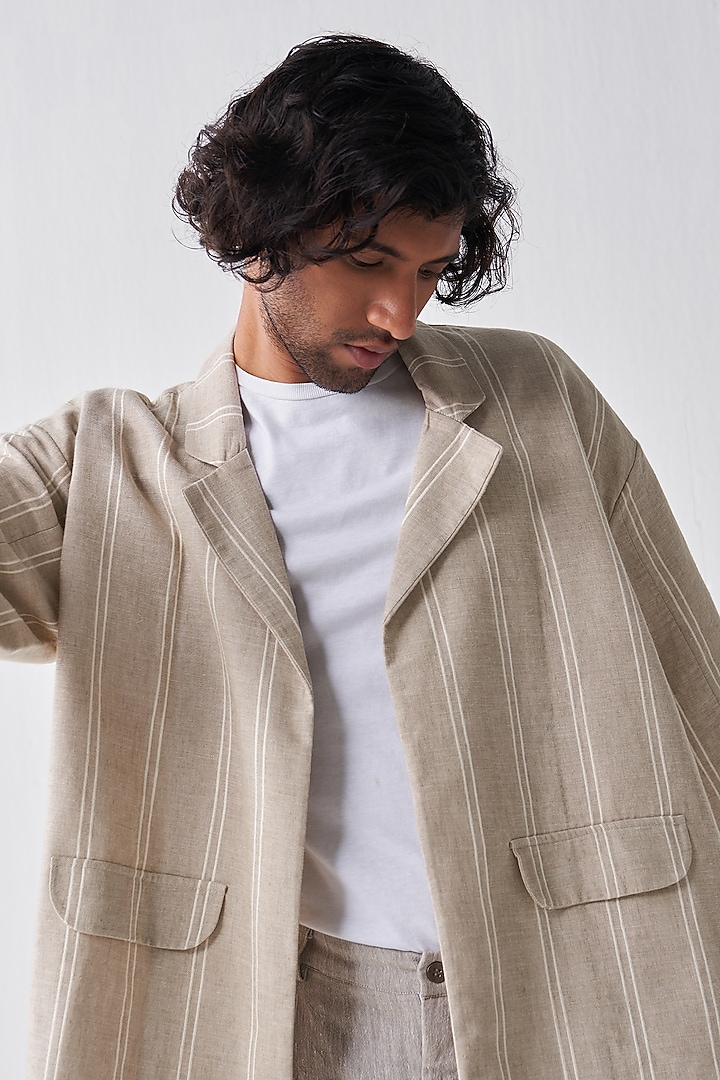 Beige Handloom Cotton Jacket Set by Three Men at Pernia's Pop Up Shop