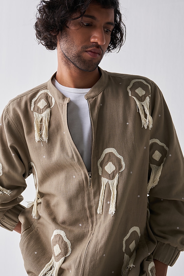 Sage Handloom Cotton Bomber Jacket Set by Three Men at Pernia's Pop Up Shop