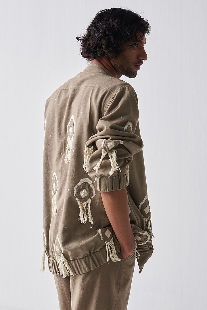 Sage Handloom Cotton Bomber Jacket Set by Three Men at Pernia's Pop Up Shop