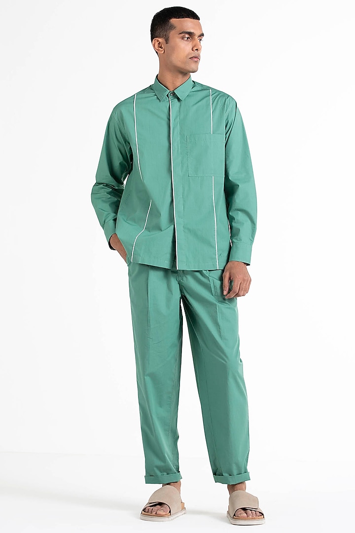 Mineral Green Poplin Shirt With Piping by Three Men