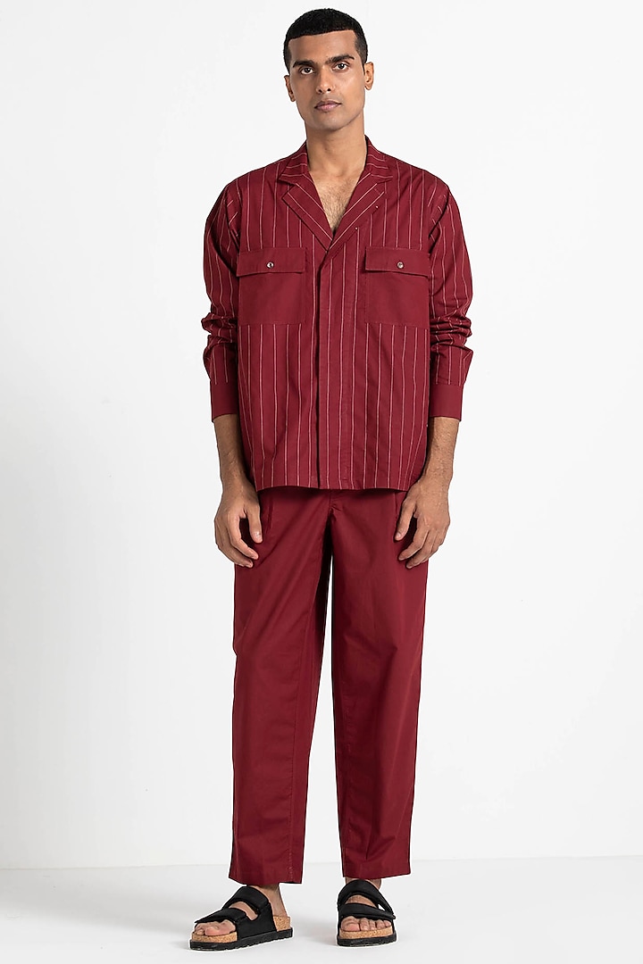 Crimson Red Embroidered Shirt by Three Men