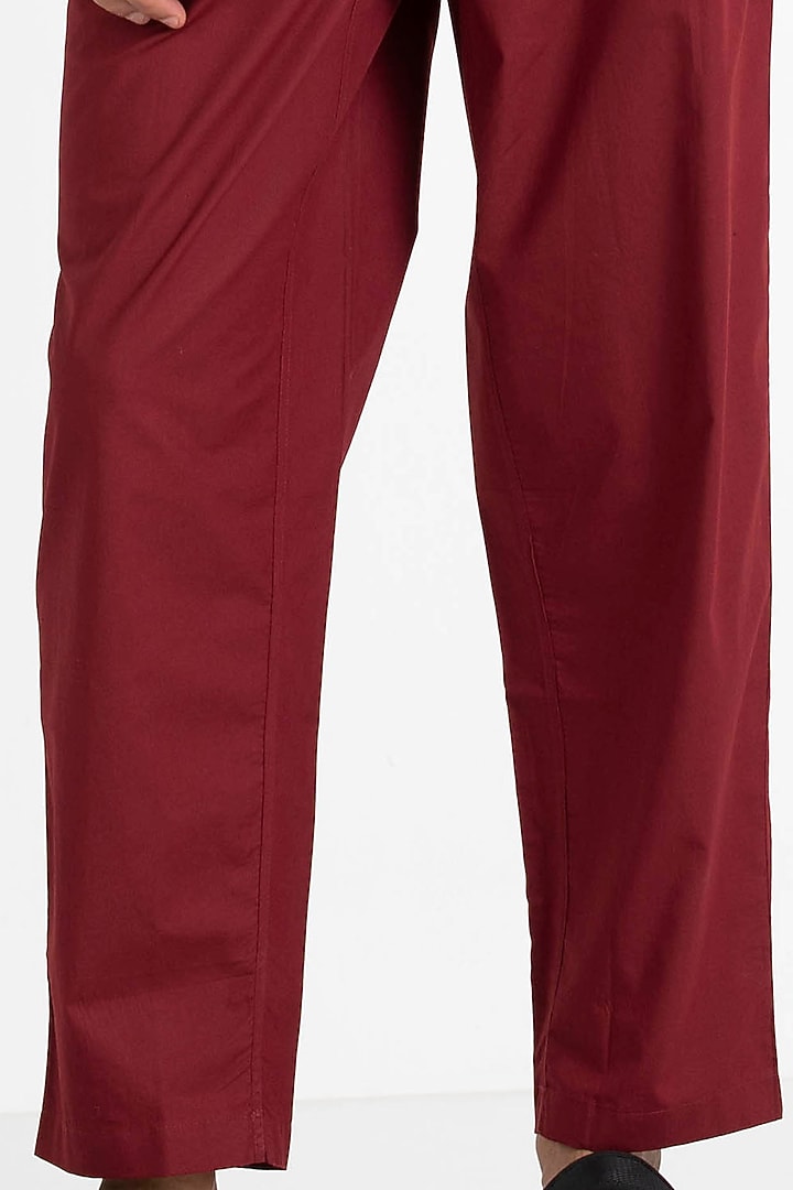 Crimson Red Poplin Pleated Pants by Three Men at Pernia's Pop Up Shop