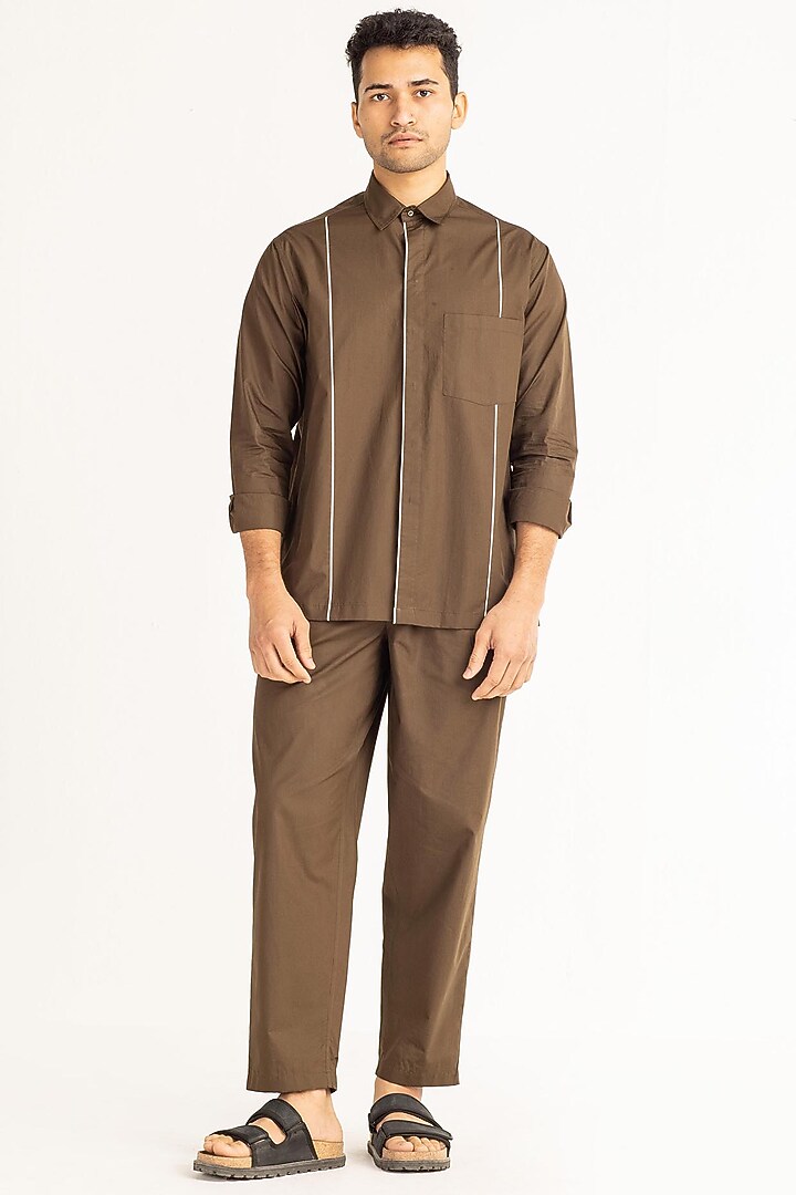 Olive Brown Cotton Poplin Party Wear Shirt by Three Men at Pernia's Pop Up Shop