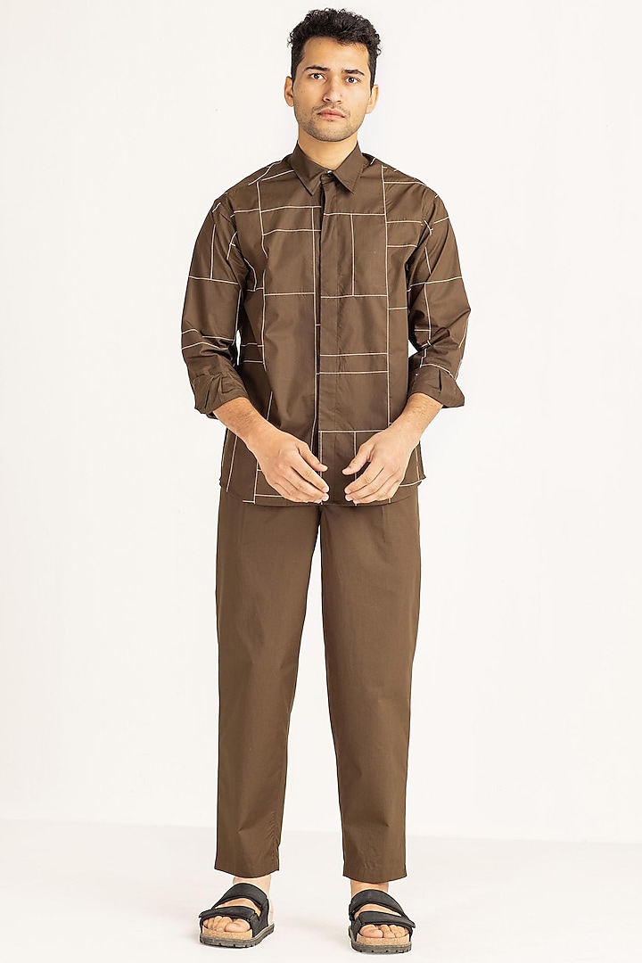 Olive Brown Grid Embroidered Shirt by Three Men