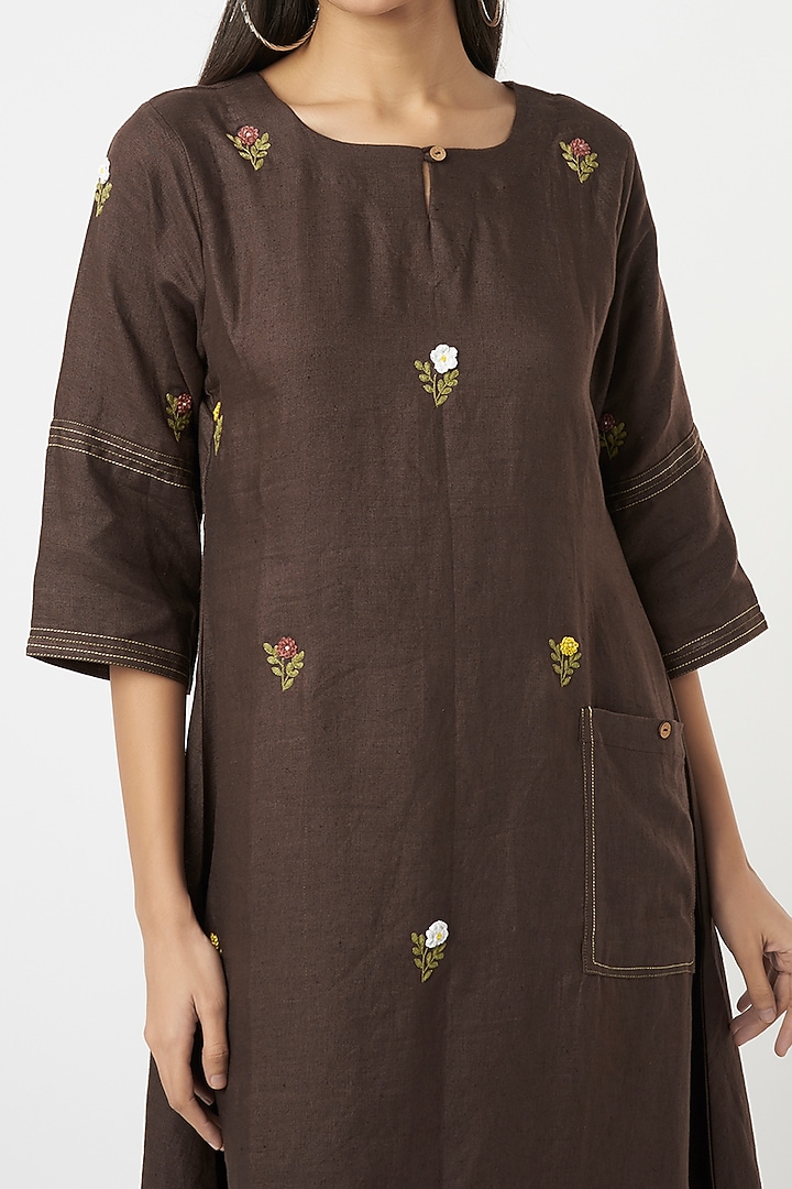 Chocolate Brown Embroidered Kurta by The House of Hemp at Pernia's Pop Up Shop