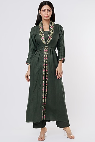 Bottle Green Embroidered Jacket Set by The House of Hemp