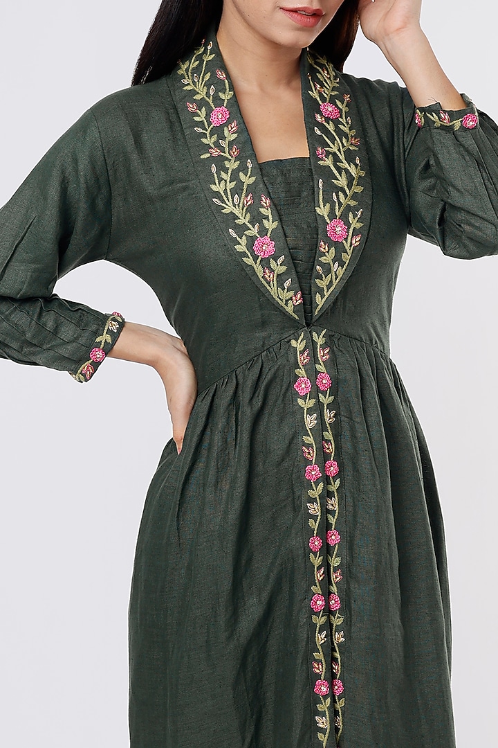 Bottle Green Embroidered Jacket Set by The House of Hemp at Pernia's Pop Up Shop