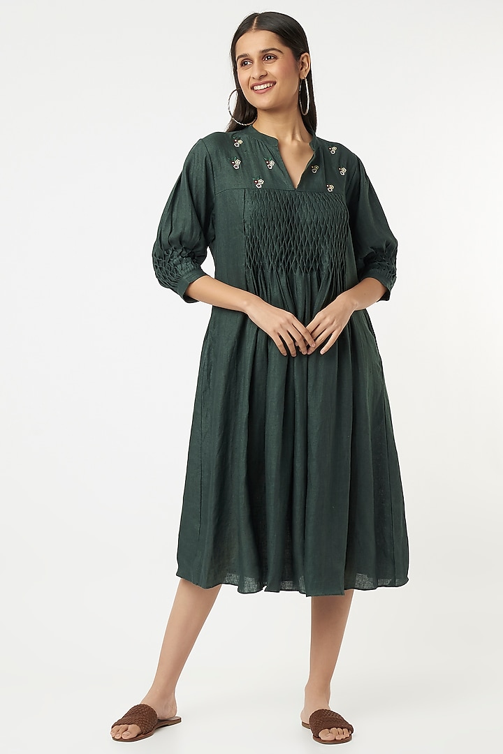 Bottle Green Embroidered Midi Dress by The House of Hemp