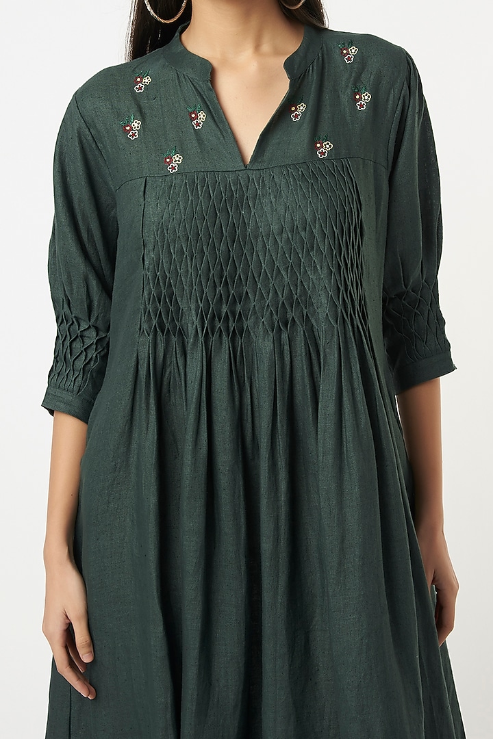 Bottle Green Embroidered Midi Summer Dress by The House of Hemp at Pernia's Pop Up Shop