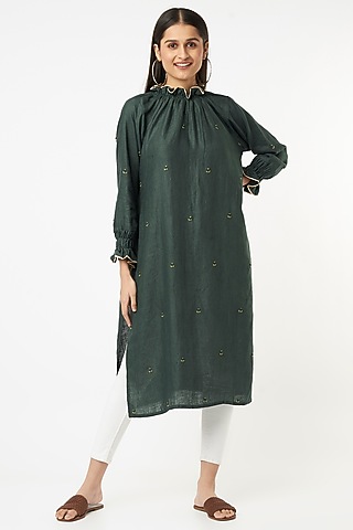 Bottle Green Embroidered Kurta by The House of Hemp