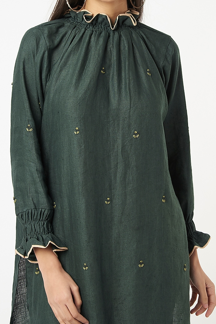 Bottle Green Embroidered Kurta by The House of Hemp at Pernia's Pop Up Shop