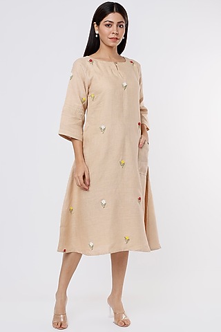 Beige Hemp Embroidered A-Line Kurta by The House of Hemp