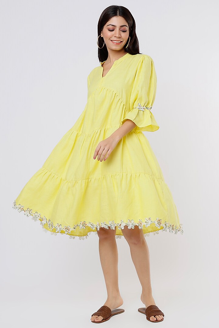 Lemon Yellow Pure Hemp Tiered Dress by The House of Hemp