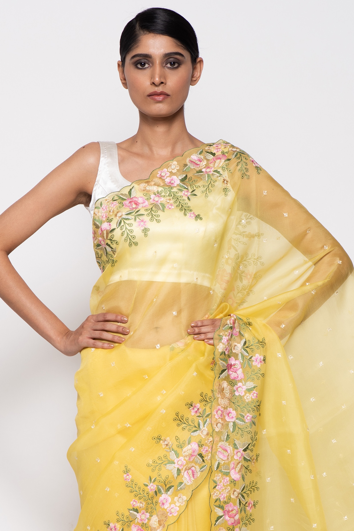 Yellow Organza Silk Saree with Resham Floral Embroidery