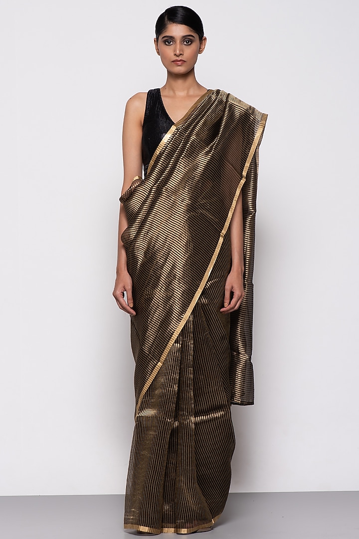 Black Tissue Organza Striped Handwoven Festive Saree by THE WEAVES at Pernia's Pop Up Shop