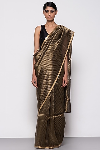 Black Tissue Organza Striped Handwoven Saree by THE WEAVES