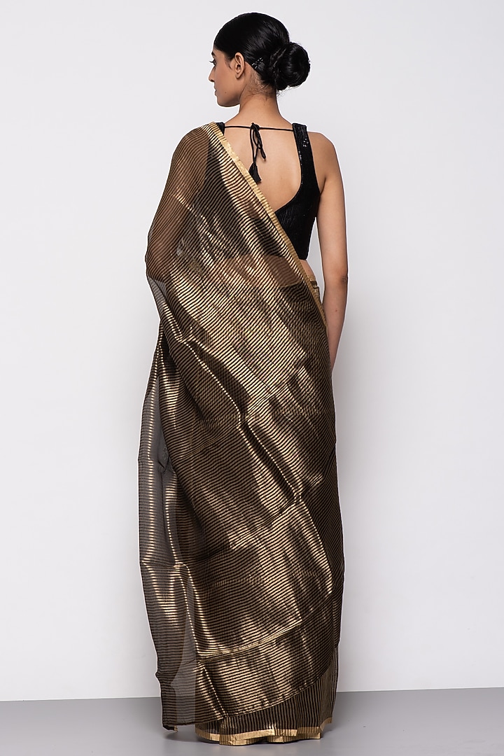 Black Tissue Organza Striped Handwoven Festive Saree by THE WEAVES at Pernia's Pop Up Shop