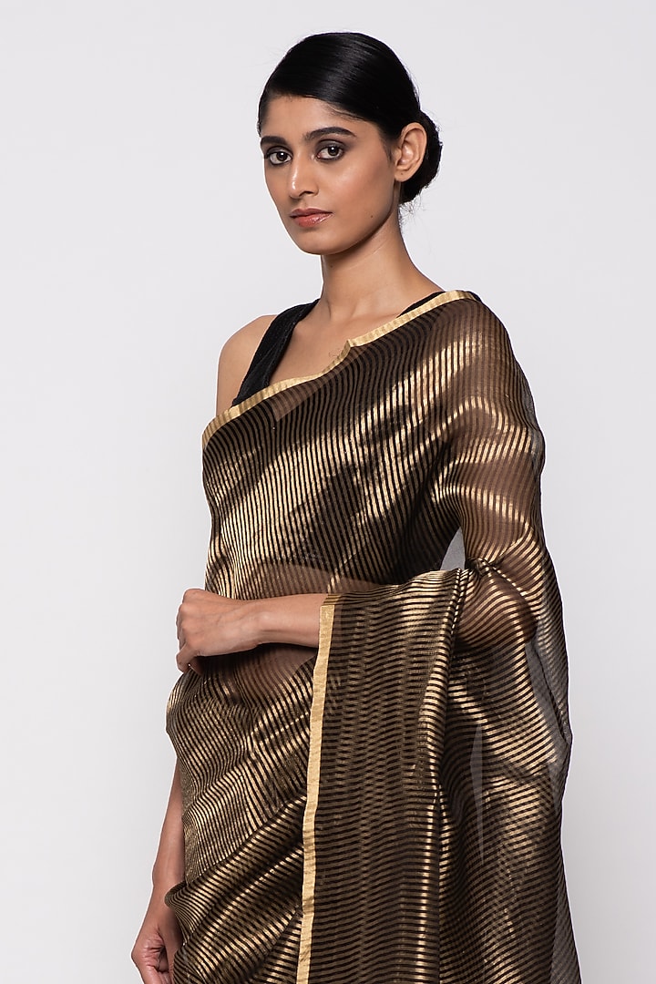 Black Tissue Organza Striped Handwoven Festive Saree by THE WEAVES at Pernia's Pop Up Shop