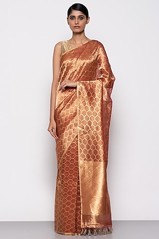 Rust Red Tissue Organza Handwoven Saree by THE WEAVES