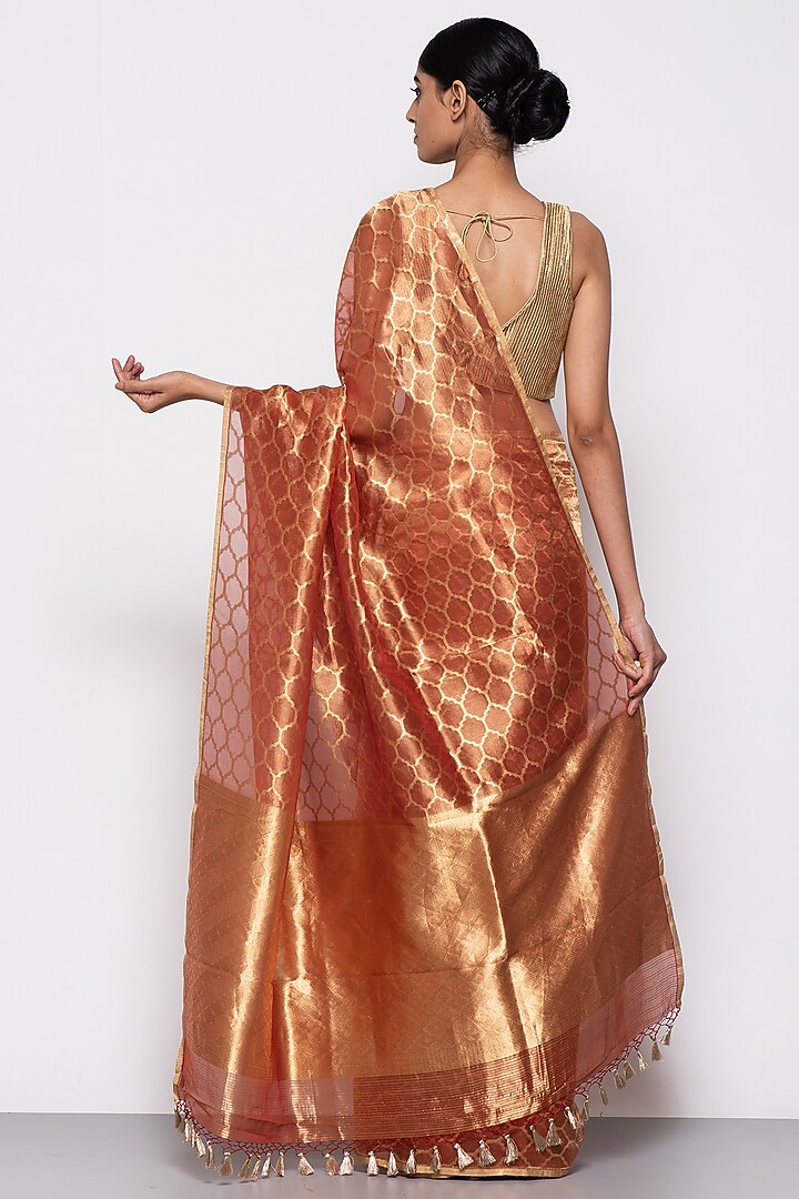 Rust Red Tissue Organza Handwoven Festive Saree by THE WEAVES at Pernia's Pop Up Shop