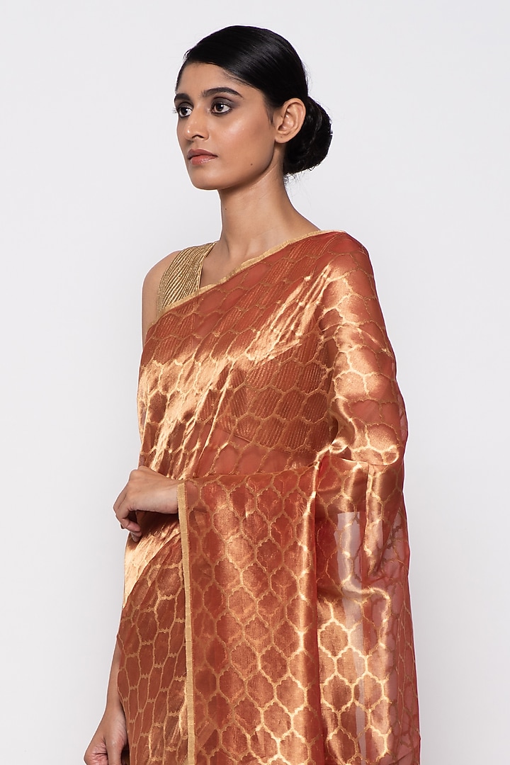 Rust Red Tissue Organza Handwoven Festive Saree by THE WEAVES at Pernia's Pop Up Shop