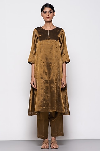 Copper Zari & Handloom Tissue A-Line Handwoven Kurta Set by THE WEAVES