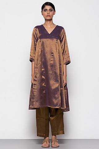 Copper Purple Zari & Silk Organza Handwoven A-Line Kurta Set by THE WEAVES