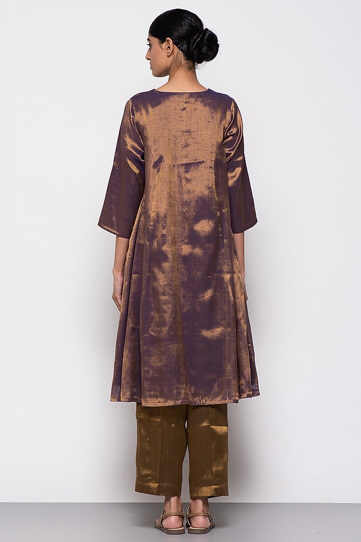 Copper Purple Zari & Silk Organza Handwoven A-Line Kurta Set by THE WEAVES at Pernia's Pop Up Shop