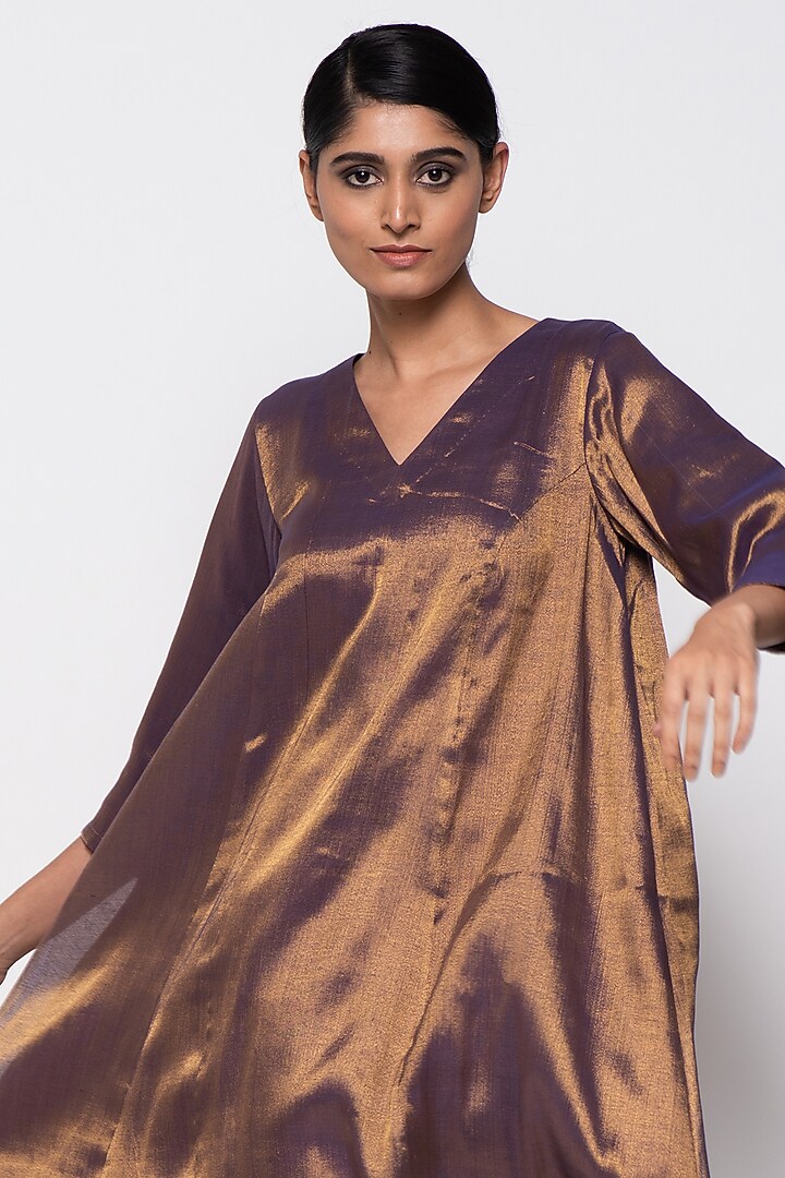 Copper Purple Zari & Silk Organza Handwoven A-Line Kurta Set by THE WEAVES at Pernia's Pop Up Shop