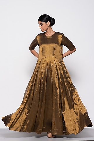 Copper Zari & Handloom Tissue Handwoven Anarkali by THE WEAVES