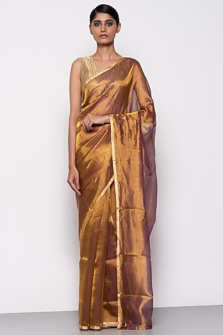 Golden Purple Tissue Organza Handwoven Saree by THE WEAVES