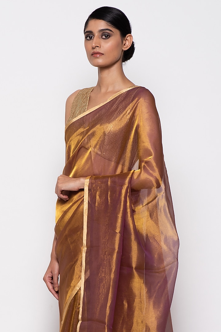 Golden Purple Tissue Organza Handwoven Festive Saree by THE WEAVES at Pernia's Pop Up Shop