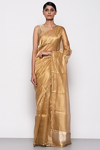Dark Gold Tissue Organza Handwoven Saree by THE WEAVES