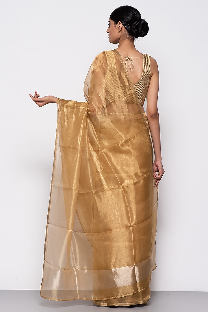 Dark Gold Tissue Organza Handwoven Festive Saree by THE WEAVES at Pernia's Pop Up Shop