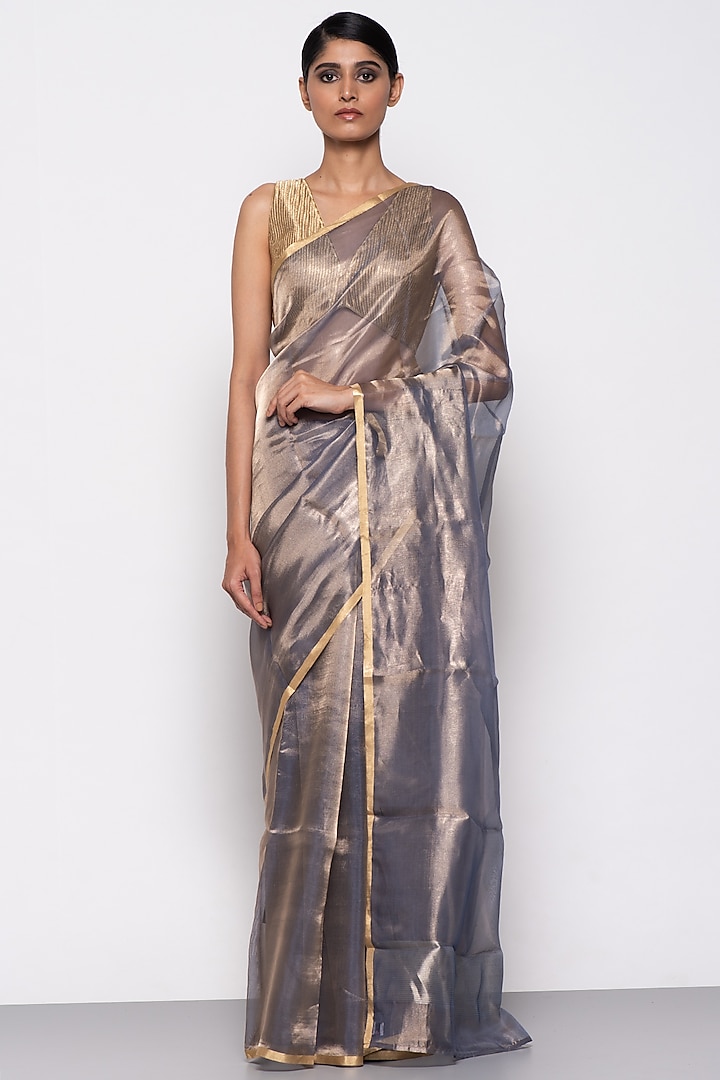 Electric Blue Tissue Organza Handwoven Saree by THE WEAVES