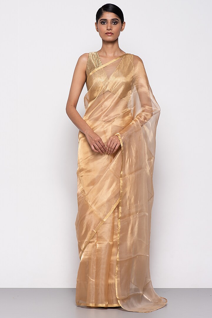 Golden Tissue Organza Handwoven Saree by THE WEAVES