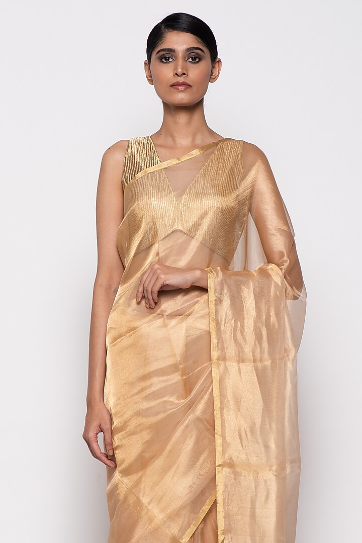 Golden Tissue Organza Handwoven Festive Saree by THE WEAVES at Pernia's Pop Up Shop