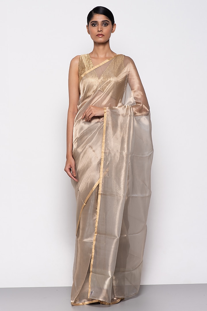 Grey Tissue Organza Handwoven Saree by THE WEAVES