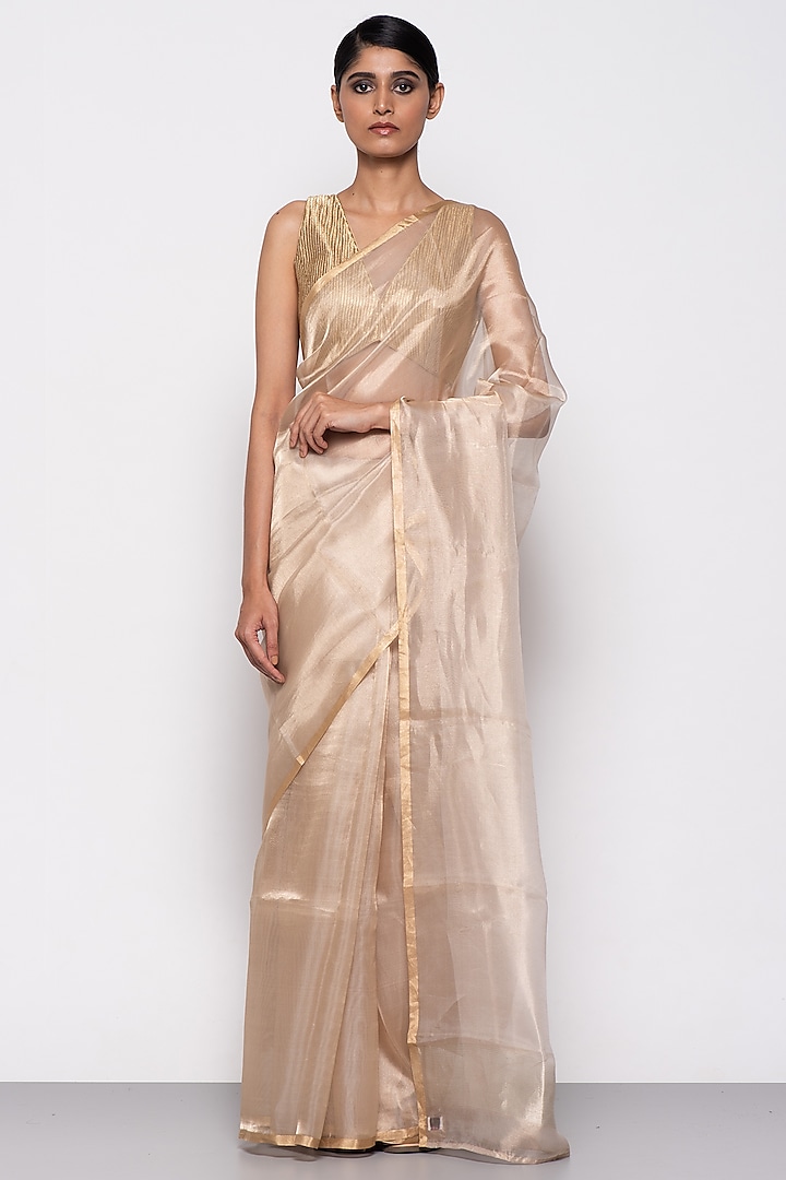 Light Gold Tissue Organza Handwoven Saree by THE WEAVES