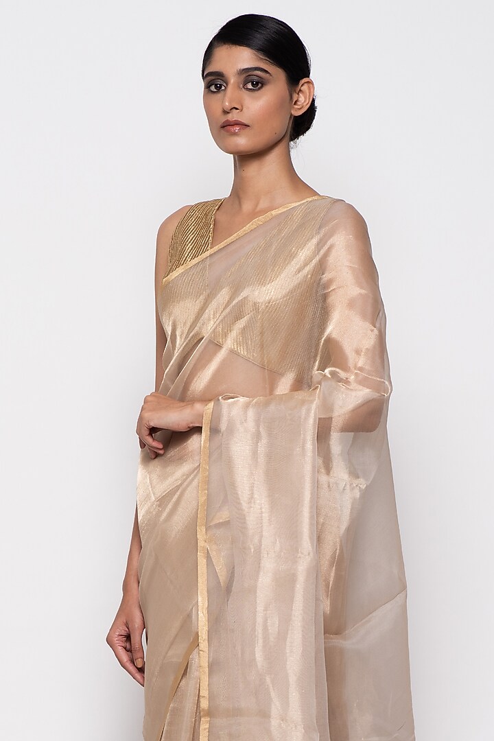 Light Gold Tissue Organza Handwoven Festive Saree by THE WEAVES at Pernia's Pop Up Shop