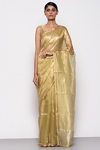 Lime Green Tissue Organza Handwoven Saree by THE WEAVES