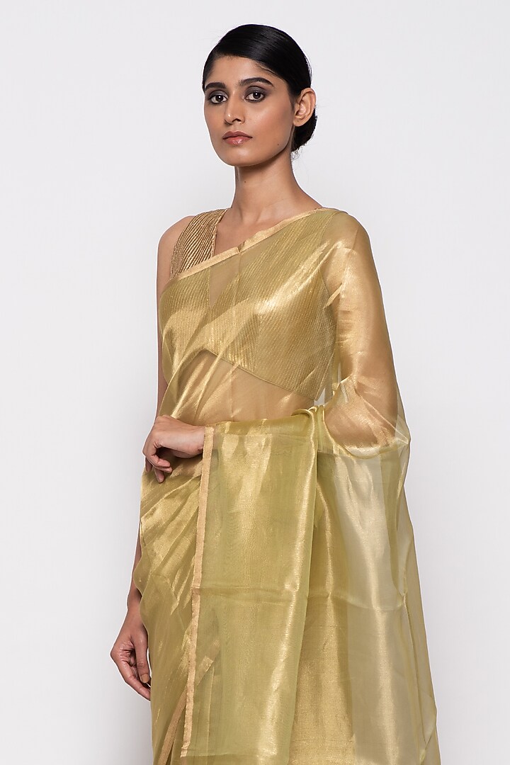 Lime Green Tissue Organza Handwoven Festive Saree by THE WEAVES at Pernia's Pop Up Shop