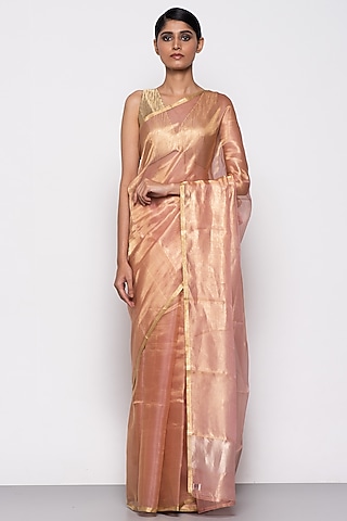Peach Tissue Organza Handwoven Saree by THE WEAVES