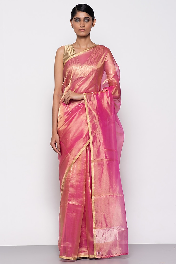 Pink Tissue Organza Handwoven Saree by THE WEAVES