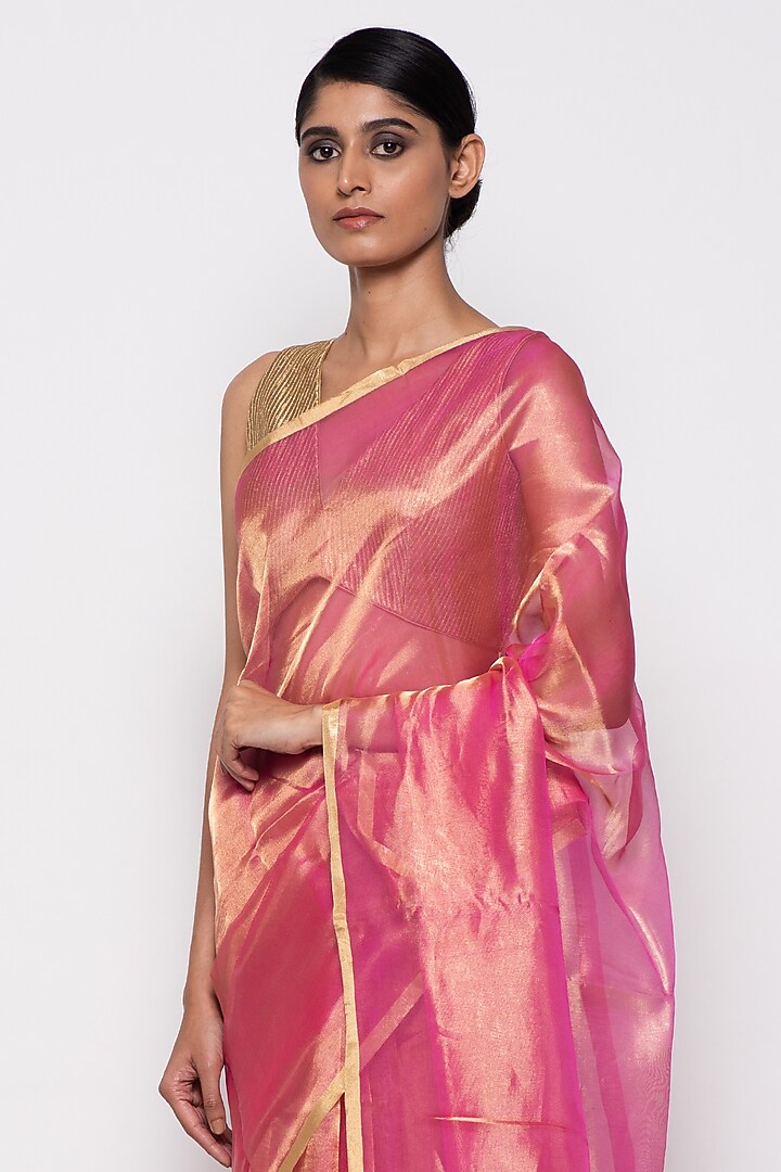 Pink Tissue Organza Handwoven Festive Saree by THE WEAVES at Pernia's Pop Up Shop