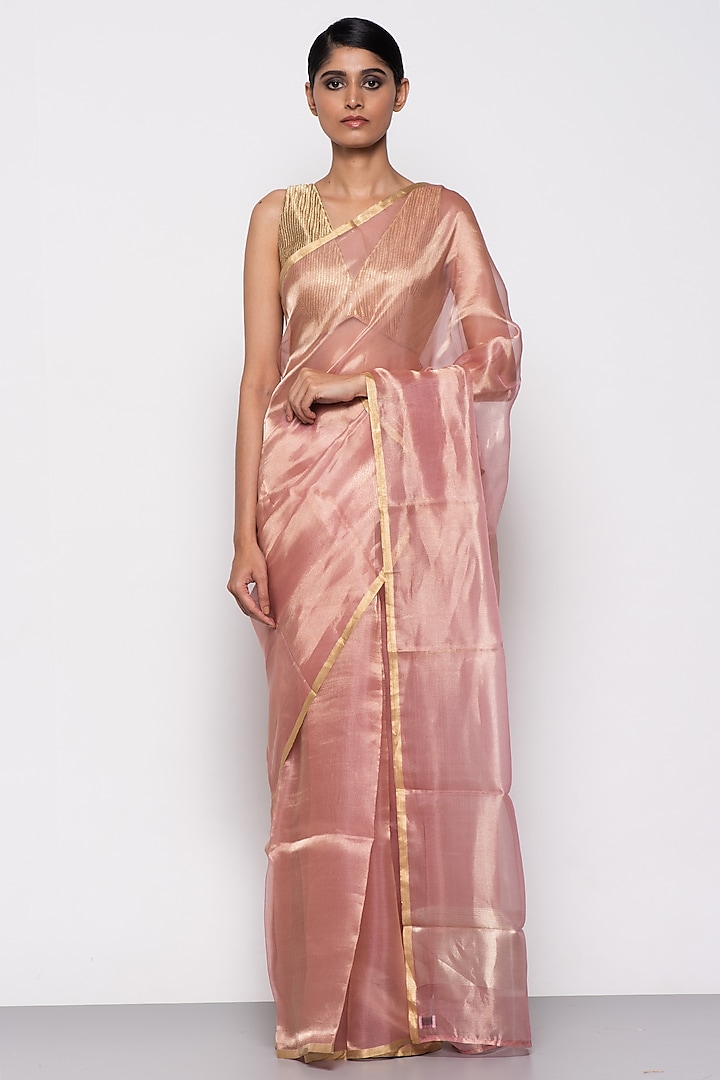 Rose Pink Organza Handwoven Saree by THE WEAVES