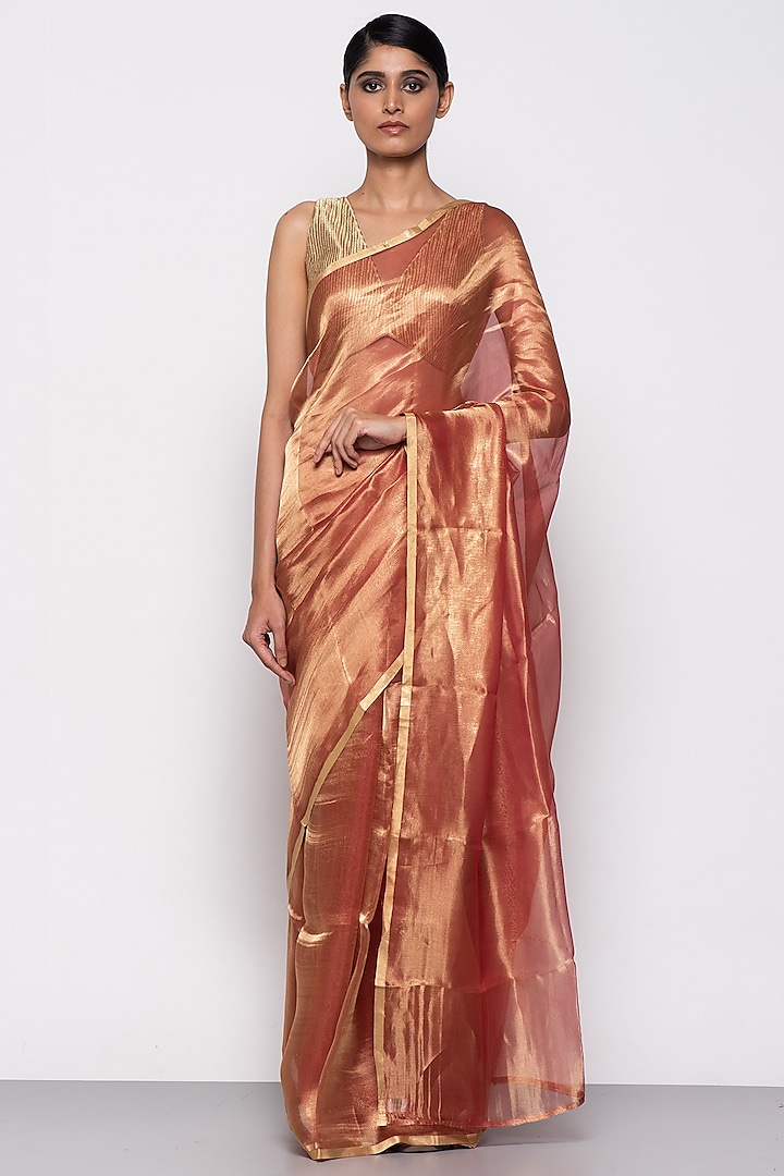 Rust Red Tissue Organza Handwoven Saree by THE WEAVES