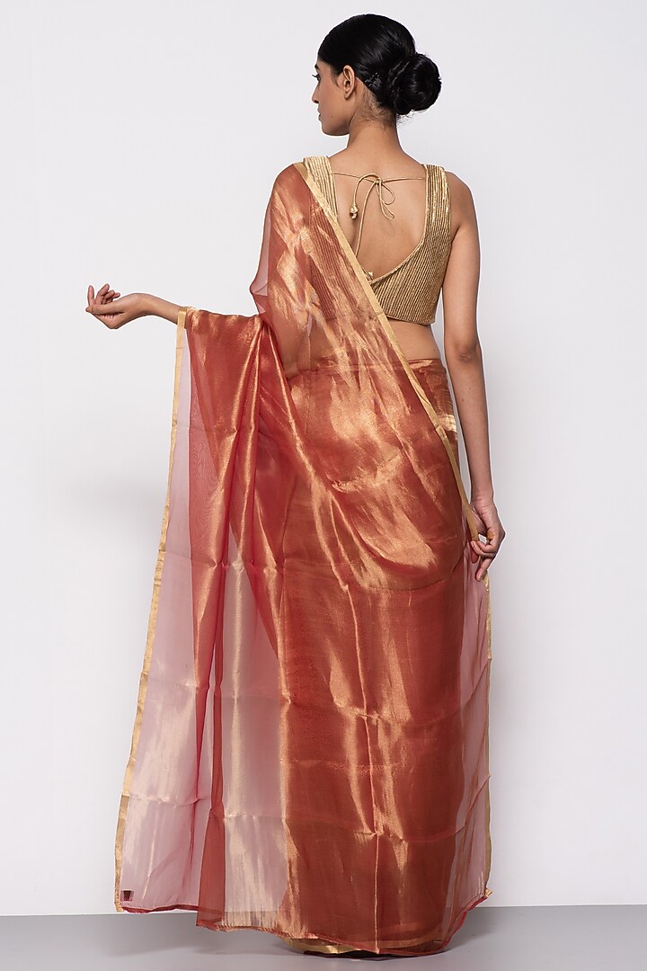 Rust Red Tissue Organza Handwoven Festive Saree by THE WEAVES at Pernia's Pop Up Shop